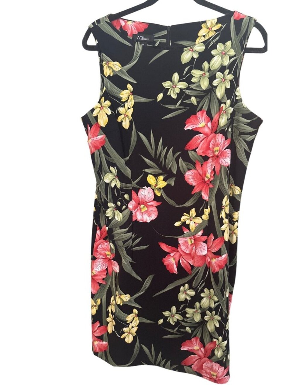 AGB Dress Women's 14 Black Floral Shift Knee Zipper Sleeveless Casual Stretchy